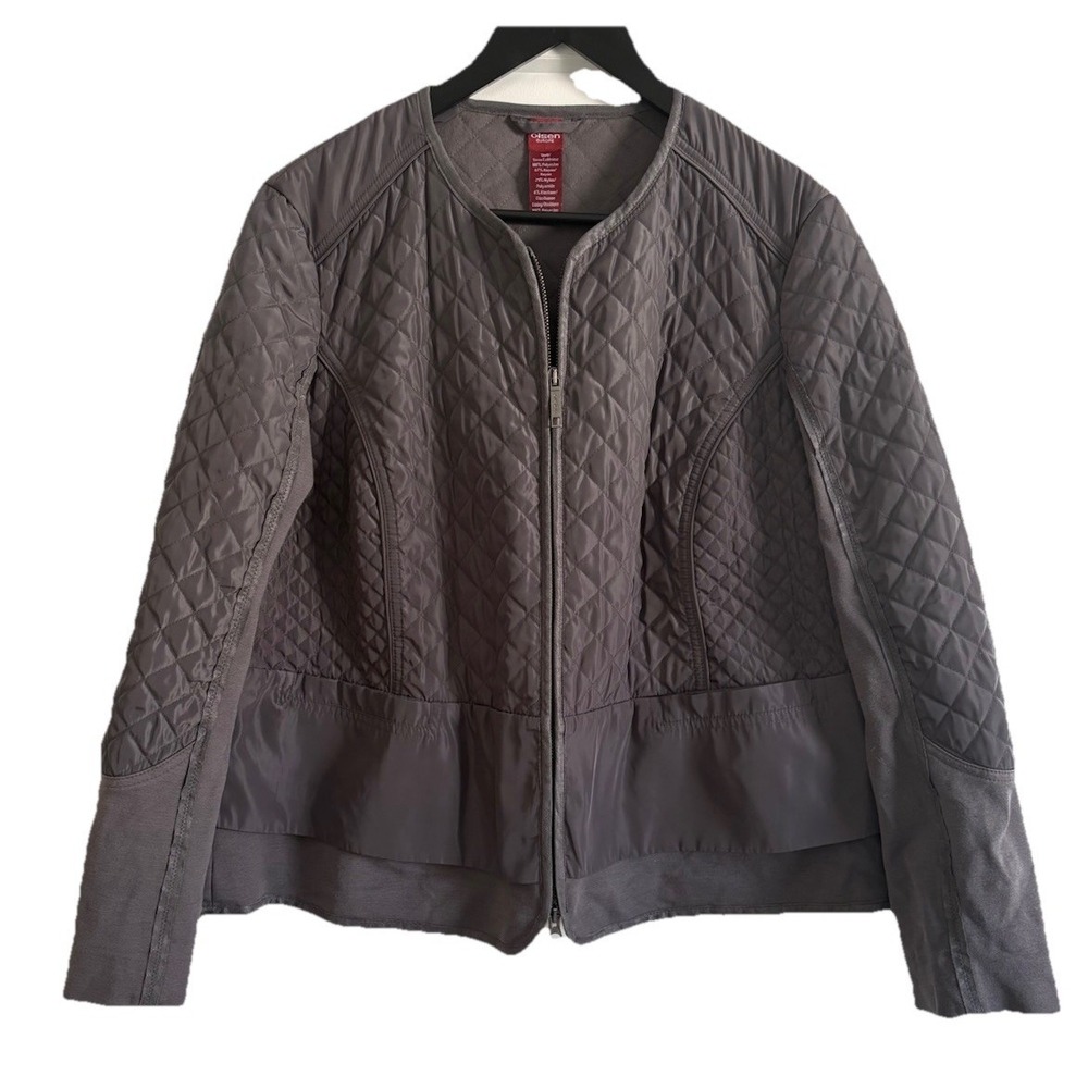 Olsen Europe Gray Diamond Quilted Zip Front Cardigan Jacket Soft Rayon Blend, LG